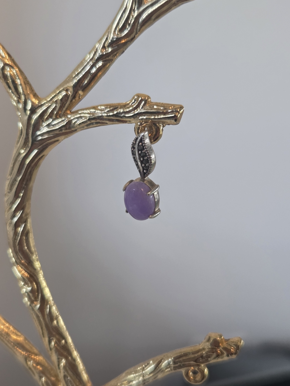 Vintage 925 Sterling Silver Marcasite Lavender Jade Drop Earrings Studs